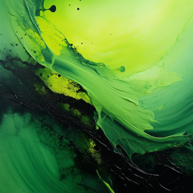 Vibrant Abstract Painting With Green And Black Liquids