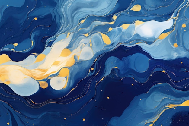 a vibrant abstract painting with swirling blue and yellow colors