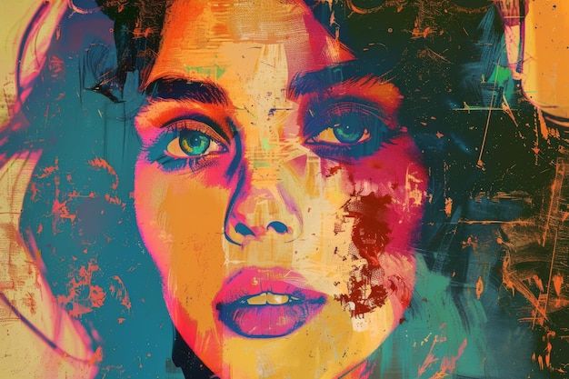 Photo vibrant abstract pop art digital portrait of a captivating young woman with expressive eyes