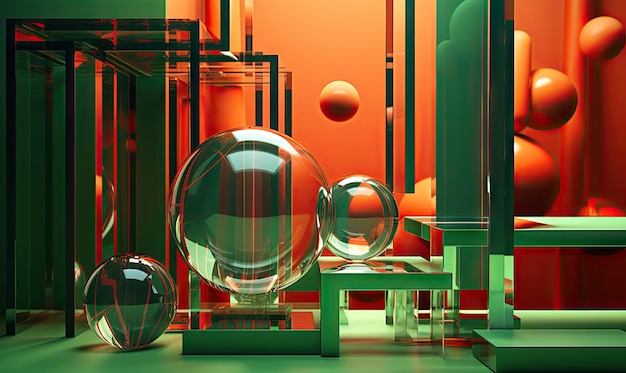 Vibrant abstract room featuring bold colors and glass morphism spheres evoking artistic exploration and modern ambiance AI Generative