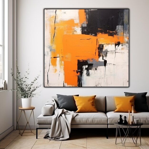 Photo vibrant abstract wall art in black white and orange