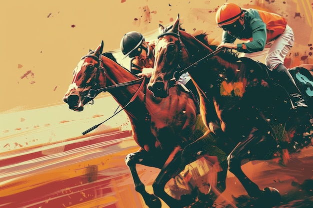 Photo a vibrant actionpacked horse racing scene with bold colors and a dynamic artistic touch