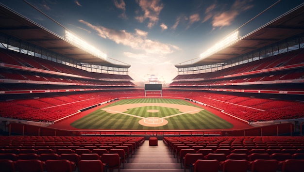 緑豊かな野球場と目を引く赤い座席を備えた野球場の活気に満ちた空撮