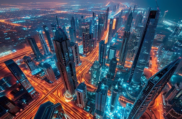 A vibrant aerial view of a city at night with bustling streets towering buildings