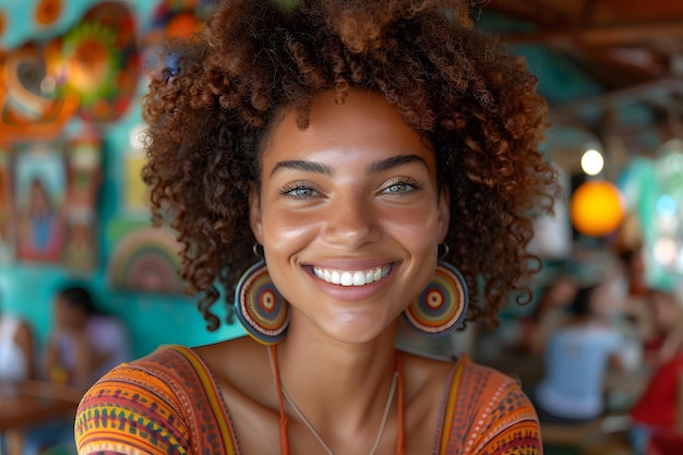Photo vibrant african woman smiling indoors with ethnic earrings and traditional dress lifestyle and culture stock photo