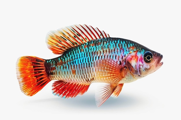 Яркая иллюстрация генератора искусственного интеллекта с разноцветными рыбами на белом фоне