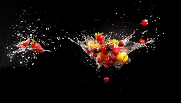 Foto vibrante illustrazione del generatore di intelligenza artificiale di vari frutti in acqua spruzzante