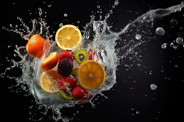 水しぶきの中にさまざまな果物を描いた鮮やかな AI ジェネレーターのイラスト