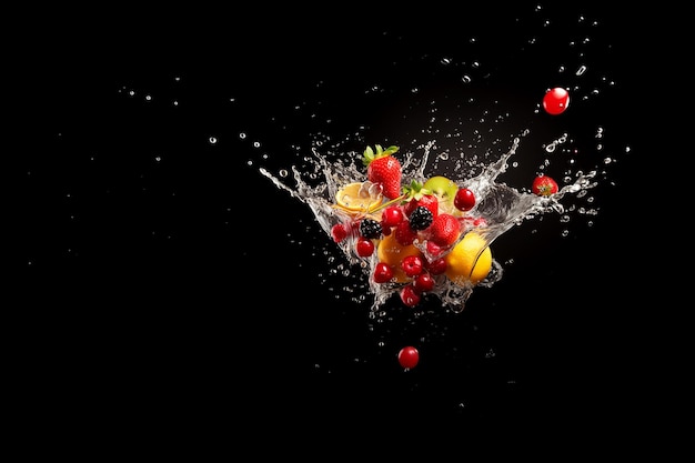 Vibrant AI generator illustration of various fruits in splashing water