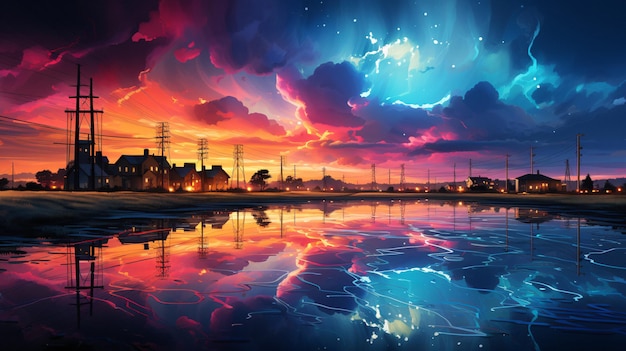 Vibrant Anime Cityscape with Serene River Power Lines and AIGenerated Artistic Touch