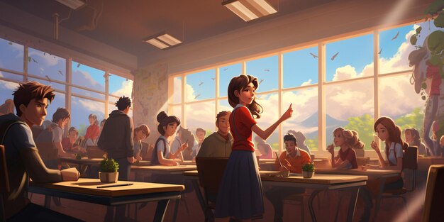 Premium AI Image  Anime classroom scene with children sitting at desks in  soft lighting and realistic 3D style