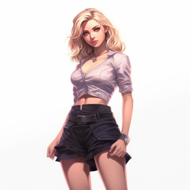 Vibrant Anime Glamour Blonde Bombshell in a Short Skirt and Crop Top Flaunting Full Body Charisma