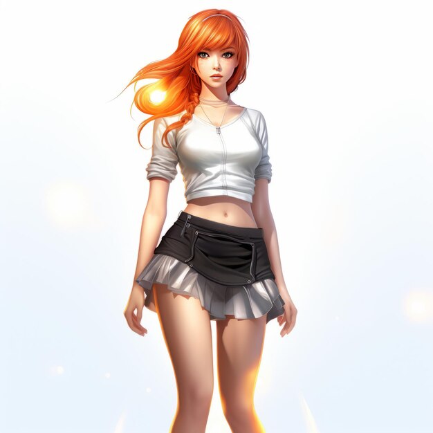 Photo vibrant anime model orangehaired beauty slays in short skirt and crop top captured in stunning 4