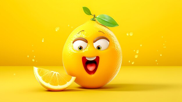 Vibrant anthropomorphized lemon character with a playful expression and a piece of lemon slice