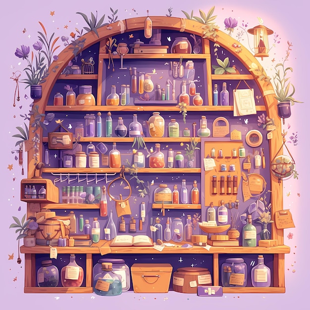 Vibrant Apothecary Shop Shelves with Herbs and Plants