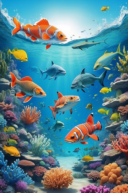 Vibrant aquatic scene of natural animal illustration with blue sky background