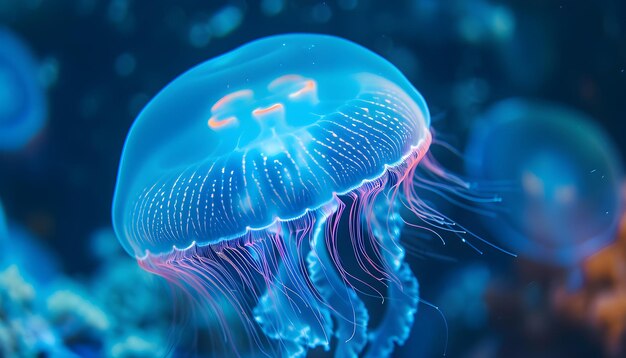 Vibrant aquatic sea jelly with glowing tentacles in blue ocean water