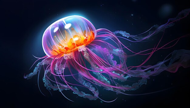 Photo vibrant aquatic sea jelly with glowing tentacles in blue ocean water