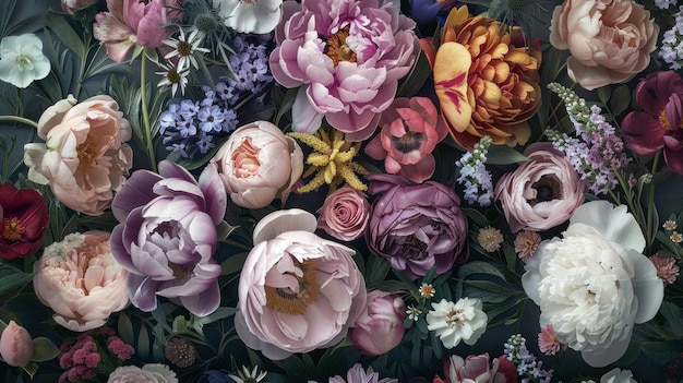 a vibrant arrangement of various flowers in shades of pink purple and white on a dark background creating a lush and intricate floral composition