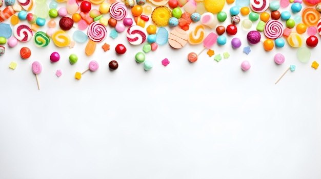 Vibrant Array of Colorful Candies and Lollipops on a White Background with Copy space