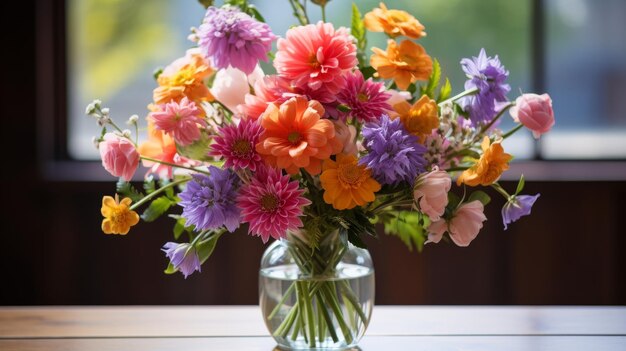 A vibrant array of colorful flowers fills a vase creating a lively and eyecatching display