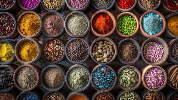 Яркий набор красочных индийских специй, расположенных в деревенских мисках, вызывающих суть традиционной кухни