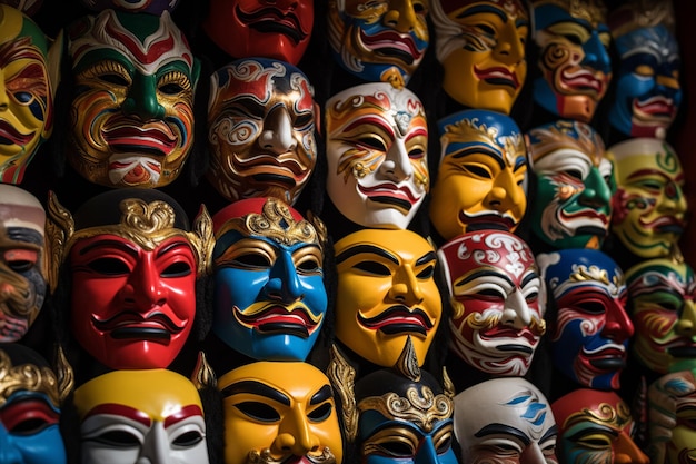 Яркое множество красочных масок пекинской оперы, каждая из которых замысловато раскрашена, отражая богатую культуру.