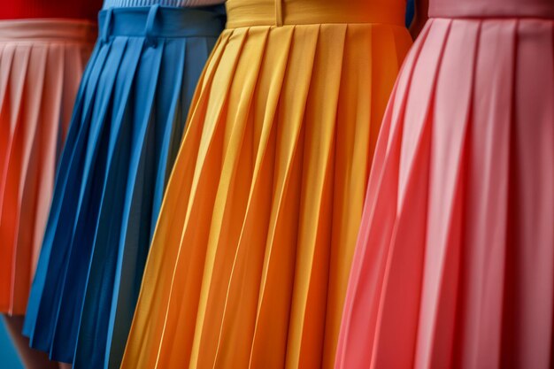 패션 부티크 에 전시 된 다채로운 플리티드 스커트 의 활기찬 배열