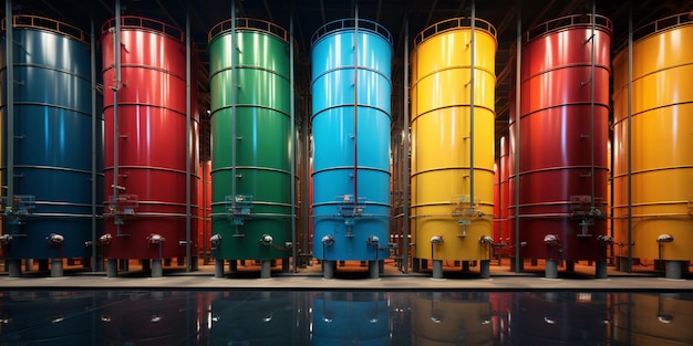 Vibrant Array of Colorful Tanks in a Factory A Captivating Stock Image Powered by Generative AI