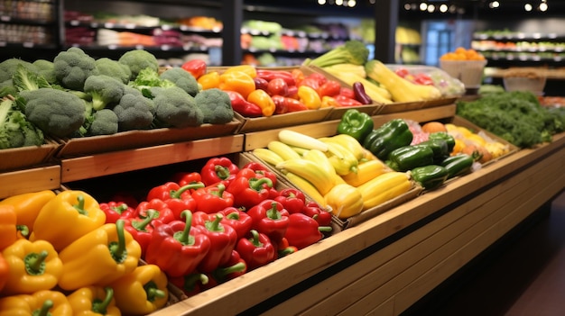 화려 한 색 의 채소 들 이 식료품 가게 의 농산물 부문 의 선반 을 가득 채우고 있다