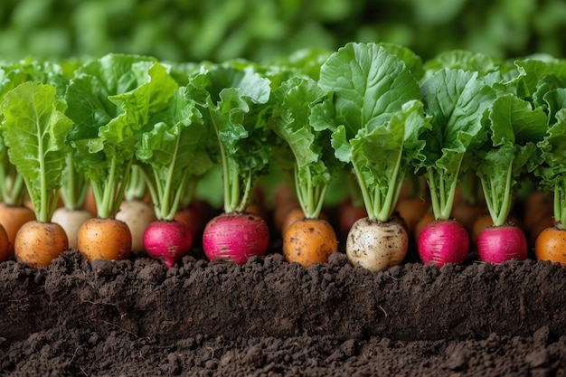 Vibrant Array of Freshly Harvested Rainbow Carrots Lined Up on Dark Soil