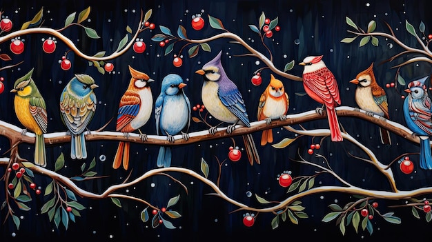 A vibrant array of friendly birds wearing Santa hats and perched on candy cane branches