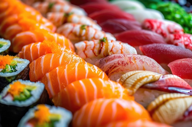 Foto una vivace gamma di sushi, ogni pezzo meticolosamente realizzato con ingredienti giapponesi freschi.