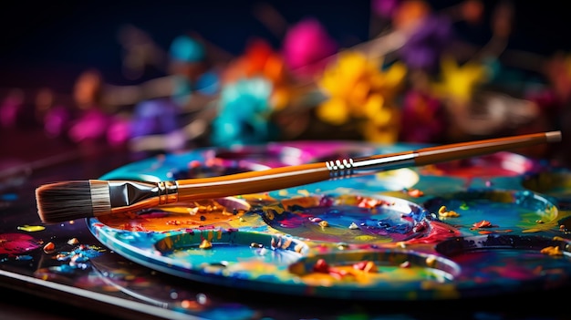 Photo vibrant artist s palette and dynamic paintbrushes in close up studio shot