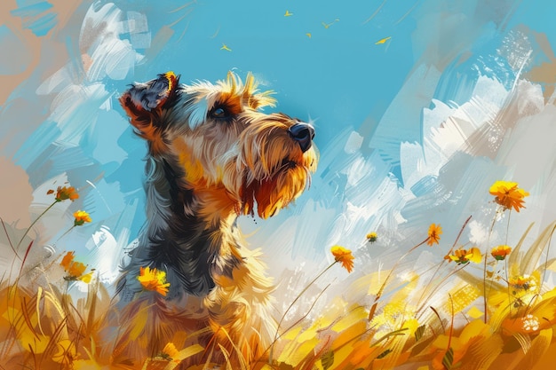 Vibrant Artistic Illustration of an Airedale Terrier Dog in a Sunny Flower Field with Blue Sky