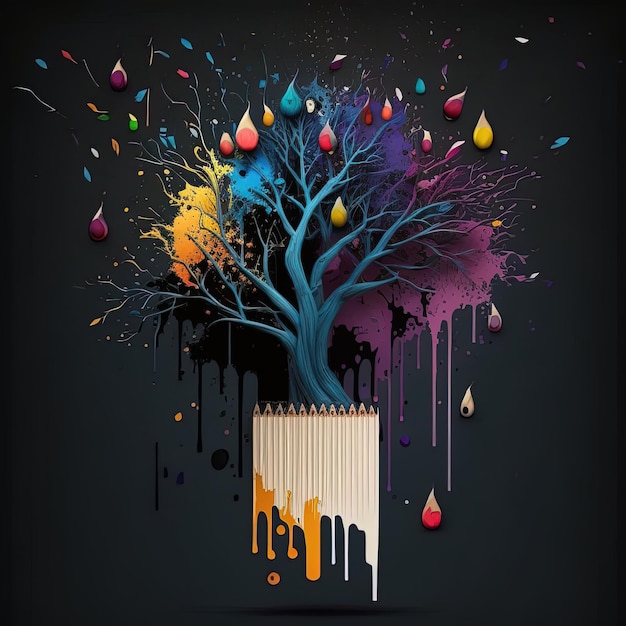 Vibrant Artistry Dripping Paint Brushes and Pencil