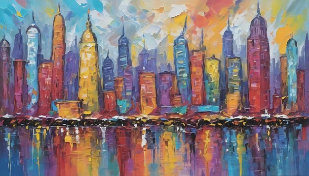 Vibrant Artwork Acrylic Paint in a Multicolored Painting Cityscape with abstract oil painting