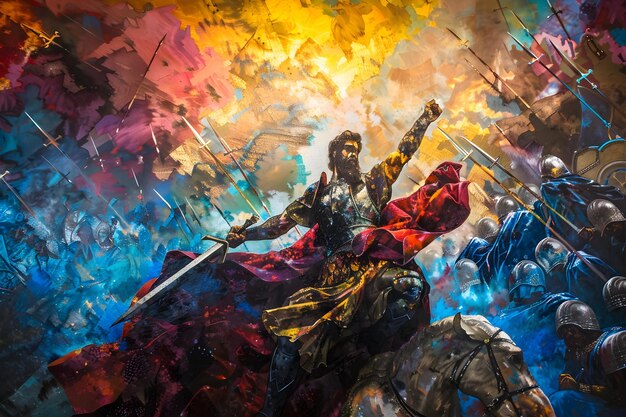 Vibrant artwork depicting King David a biblical figure amidst a battle Christian symbolism Concept King David in Battle Biblical Artwork Christian Symbolism Vibrant Depictions Religious Art