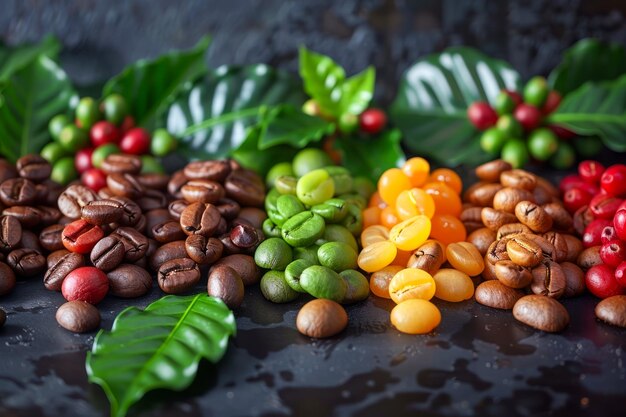 Foto un vivace assortimento di chicchi e bacche di caffè con foglie verdi fresche su uno sfondo scuro a