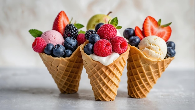 A vibrant assortment of creamy pastelcolored ice cream flavors each nestled in a crispy waffle cone