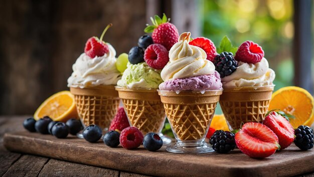 A vibrant assortment of creamy pastelcolored ice cream flavors each nestled in a crispy waffle cone