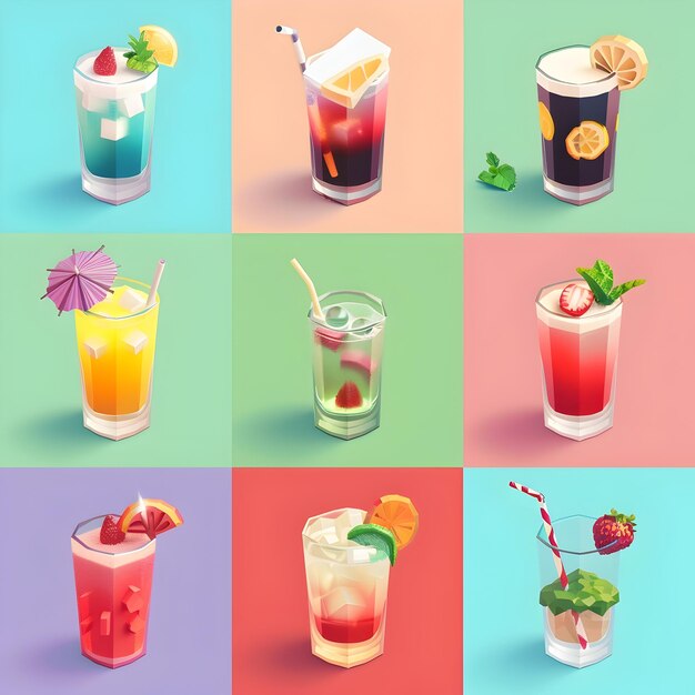 Photo vibrant assortment of creative and refreshing cocktail drinks in colorful glasses on stylish