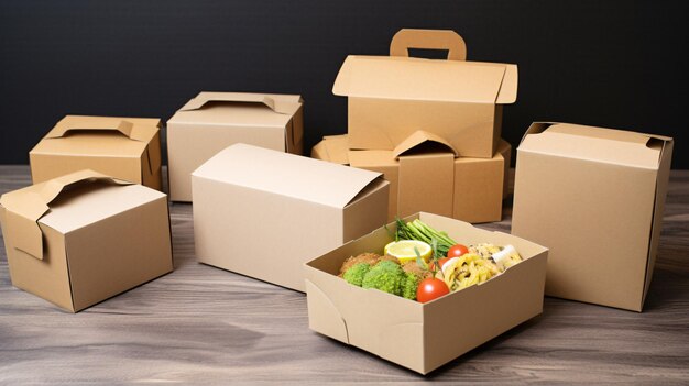 Vibrant Assortment of Delicious Food Boxes on a Sleek Black Table Generated by AI