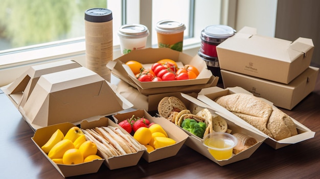 제너레이티브 AI로 강화된 창가 테이블 위의 활기찬 식품 상자 모음