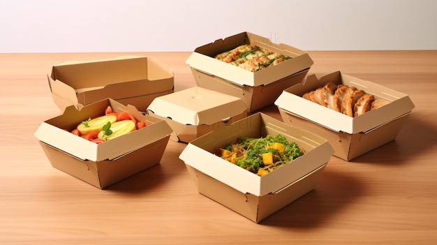 Vibrant Assortment of Food Boxes on Table with White Wall Background Generated by AI