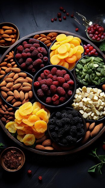 vibrant assortment of fresh and dried fruits presented in full HD