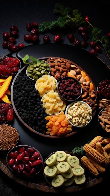 vibrant assortment of fresh and dried fruits presented in full HD