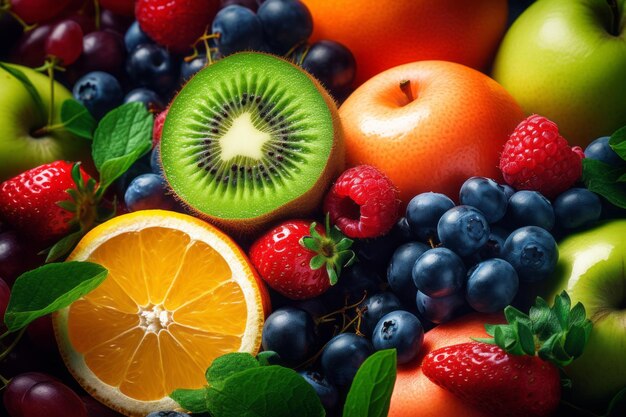 Vibrant assortment of fresh fruits colorful clean eating with fruit background ar 32