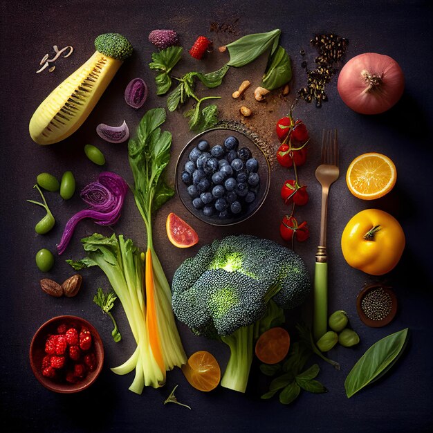 Vibrant Assortment of Fresh Fruits and Vegetables on a Table Generative AI