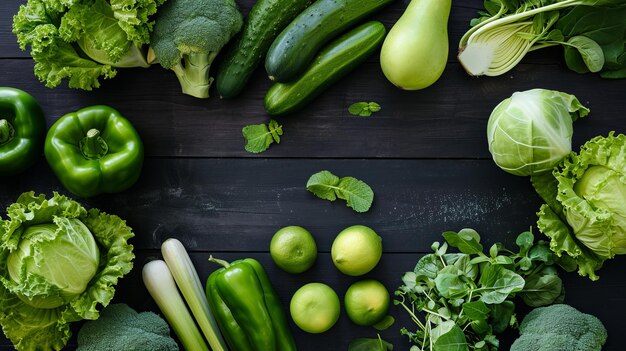 Photo vibrant assortment fresh green fruits and vegetables displayed on a black wooden table view